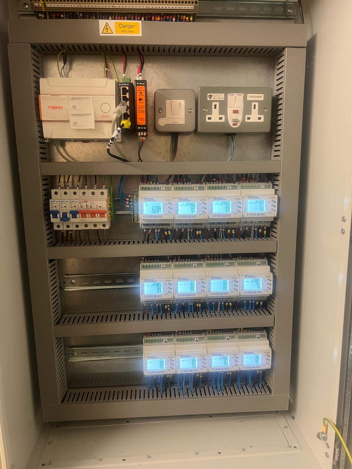 School energy monitoring cabinet with electricity meters